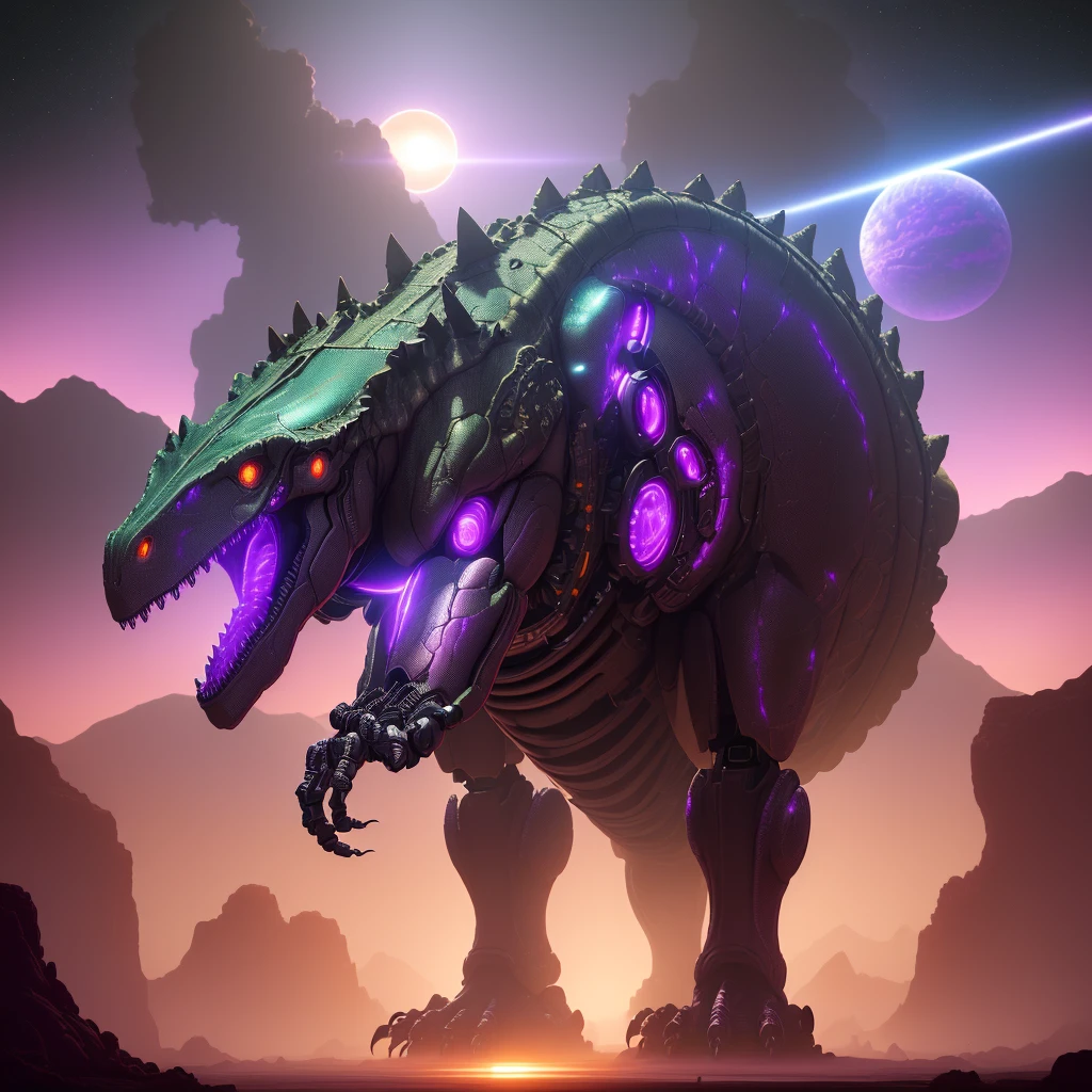 a highly advanced robotic dinosaur, robotic tropical rainforest, alien sky with two suns, purple landscape, advanced technology, futuristic, cinematic lighting, 8k, high resolution, photorealistic, detailed machinery, glowing circuits, metallic textures, dynamic composition, dramatic poses, cinematic angle
