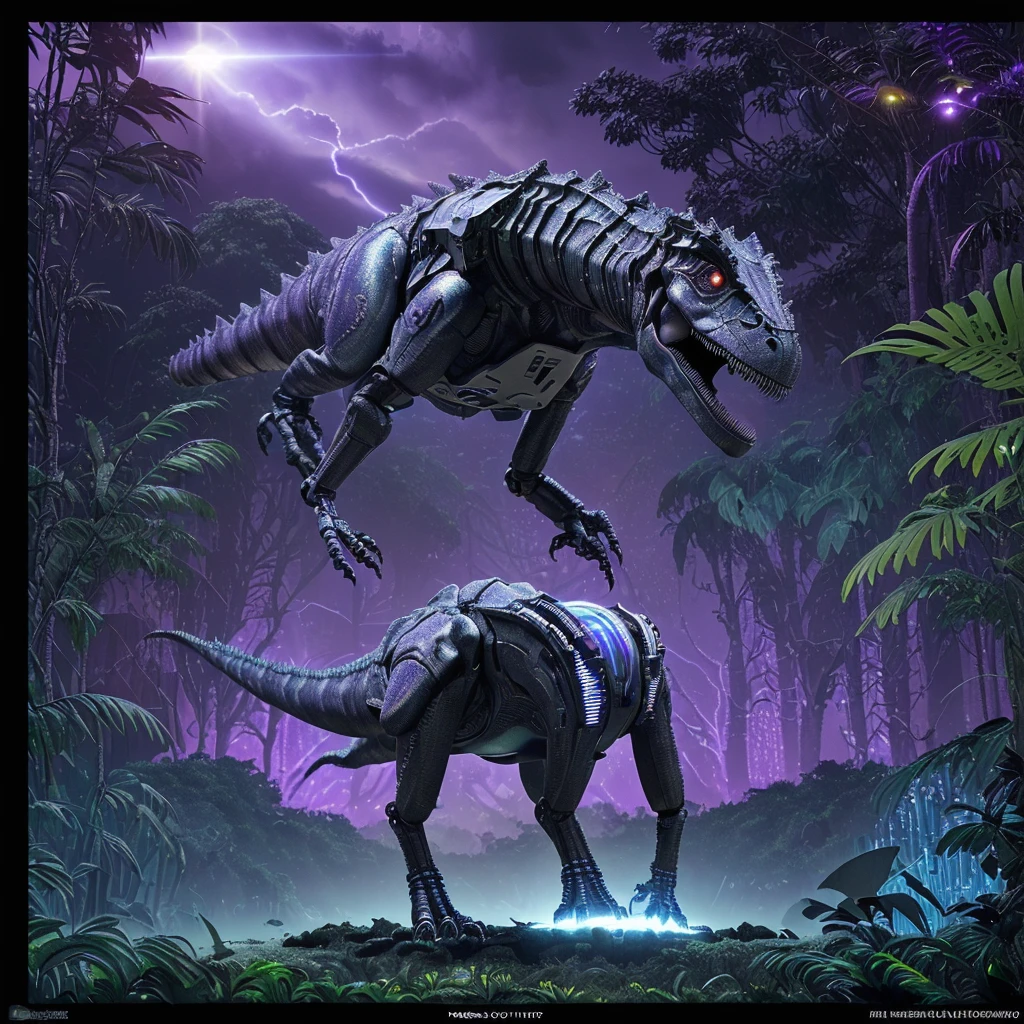 a highly advanced robotic dinosaur, robotic tropical rainforest, alien sky with two suns, purple landscape, advanced technology, futuristic, cinematic lighting, 8k, high resolution, photorealistic, detailed machinery, glowing circuits, metallic textures, dynamic composition, dramatic poses, cinematic angle
