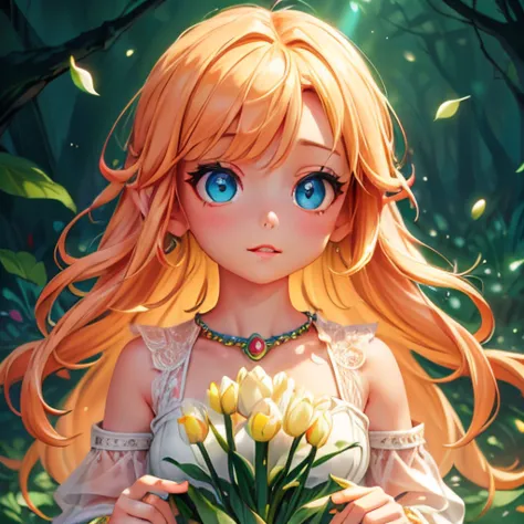 a bright and colorful portrait of a tiny girl surrounded by tall tulip flowers, (best quality,4k,8k,highres,masterpiece:1.2),ult...