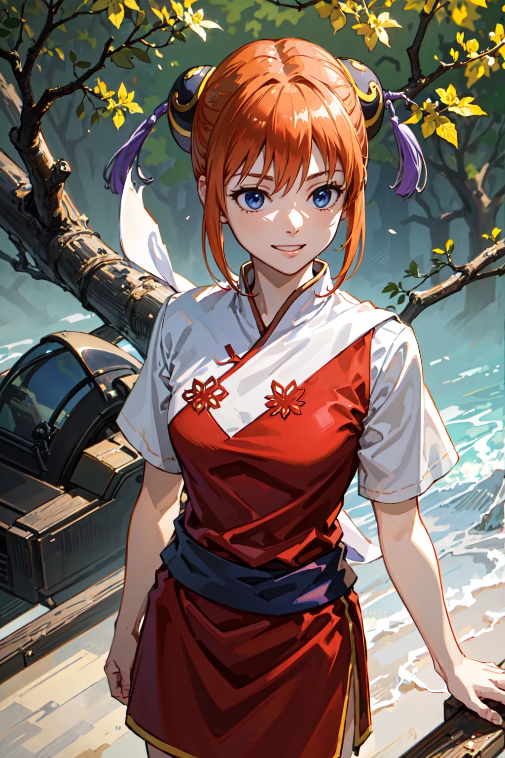 Gintama, Kagura, Orange hair, red dress, double bun, bun cover, china dress, chinese clothes, knee boots, short sleeves, small breasts, Blue eyes, tree, (in_tree), on branch, v,, (masterpiece:1.3), (best_quality:1.3), (ultra_detailed:1.3), 8k, extremely_clear,, 1girl, solo,, outdoors,, insane details, intricate details, hyperdetailed, ultra detailed, extreme detailed, highest detailed, high_detail, colorful, beautiful, hdr, photorealistic, highres, ultra_high_res, photography, aesthetic, extremely_delicate,, seductive_smile,