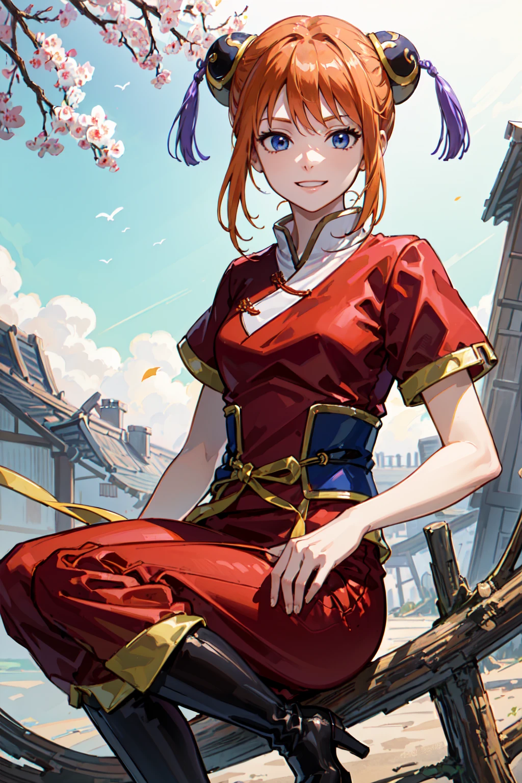 Gintama, Kagura, Orange hair, red dress, double bun, bun cover, china dress, chinese clothes, knee boots, short sleeves, small breasts, Blue eyes, tree, (in_tree), on branch, v,, (masterpiece:1.3), (best_quality:1.3), (ultra_detailed:1.3), 8k, extremely_clear,, 1girl, solo,, outdoors,, insane details, intricate details, hyperdetailed, ultra detailed, extreme detailed, highest detailed, high_detail, colorful, beautiful, hdr, photorealistic, highres, ultra_high_res, photography, aesthetic, extremely_delicate,, seductive_smile,