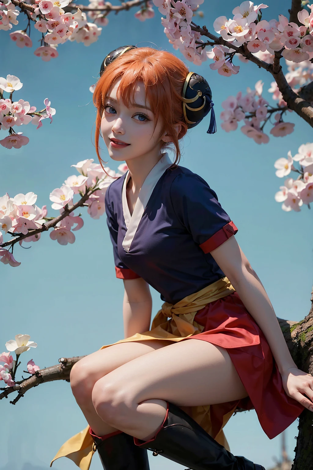 Gintama, Kagura, Orange hair, red dress, double bun, bun cover, china dress, chinese clothes, knee boots, short sleeves, small breasts, Blue eyes, tree, (in_tree), on branch, v,, (masterpiece:1.3), (best_quality:1.3), (ultra_detailed:1.3), 8k, extremely_clear,, 1girl, solo,, outdoors,, insane details, intricate details, hyperdetailed, ultra detailed, extreme detailed, highest detailed, high_detail, colorful, beautiful, hdr, photorealistic, highres, ultra_high_res, photography, aesthetic, extremely_delicate,, seductive_smile,