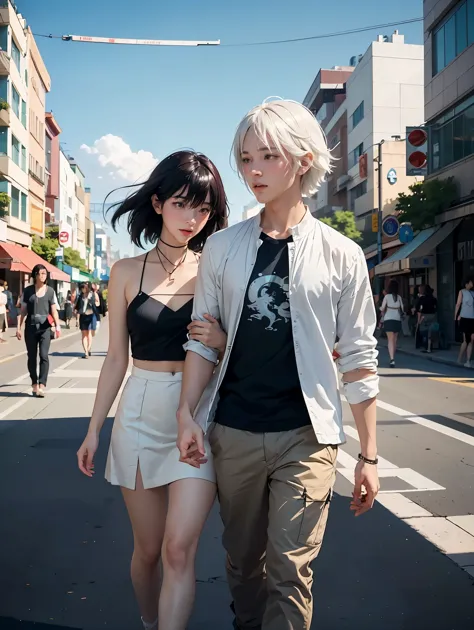 Anime couples are walking in a sci-fi city full of feasting and debauchery. A waist-length girl with white hair and golden pupil...