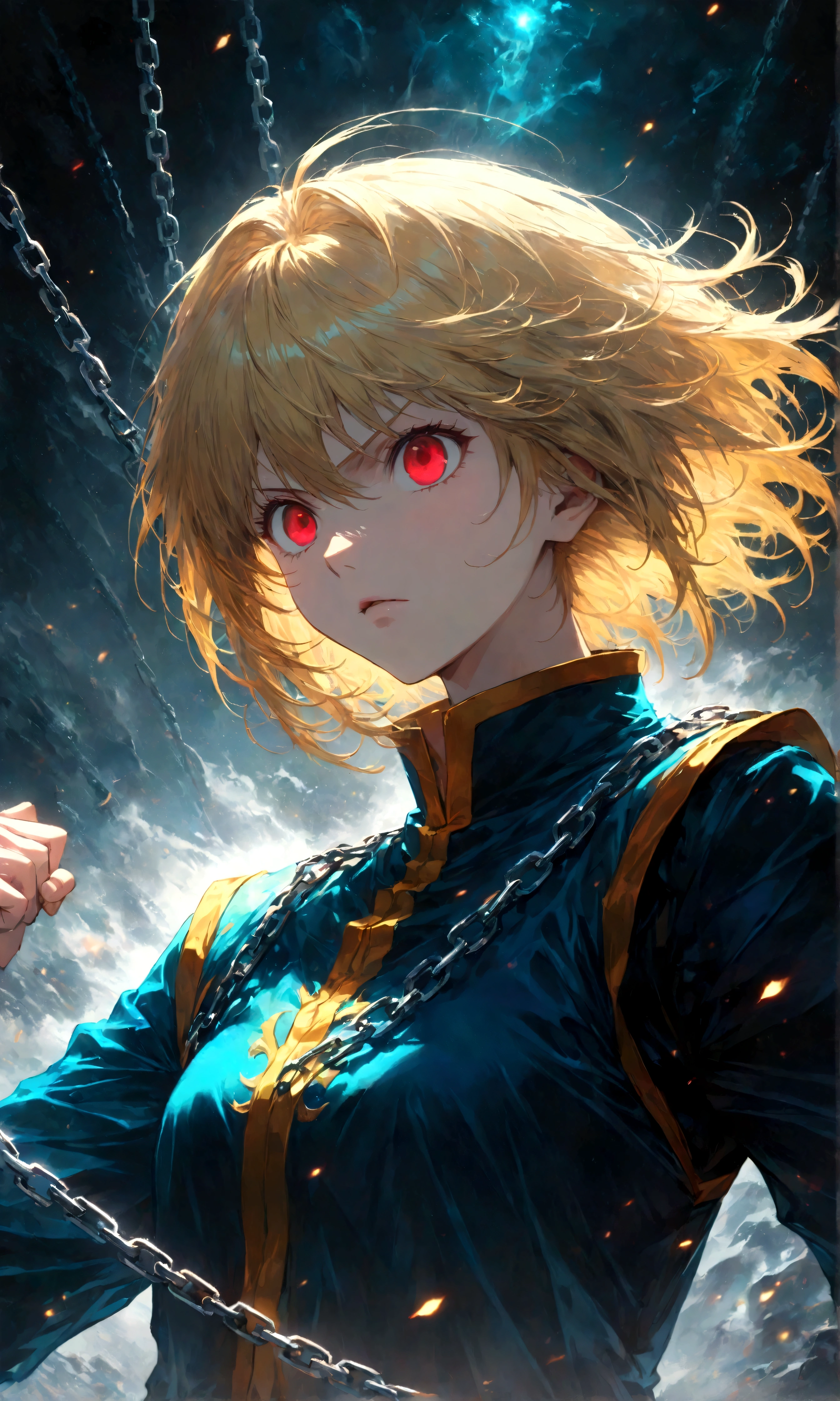 1 male,Kurapika,Hunter x Hunter,,Kurapika&#39;s costume,Blonde,Scarlet Eyes,Intricate details,Use black and white as your main colors,,artwork,rendering,,(masterpiece:1.3),(highest quality:1.4),(ultra detailed:1.5),High resolution,extremely detailed,unity 8k wallpaper,Dark fantasy,Brush strokes,Glare,Battle Style,Expressing quiet anger,Use the chain as a weapon,Impressive drawing with thick lines