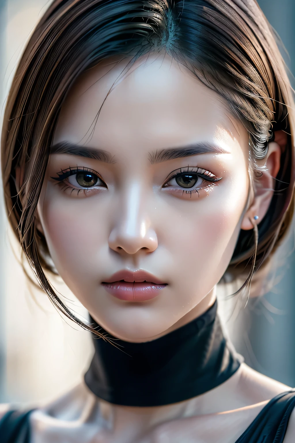 photorealistic Realism 8K, 16K, Quality: (incredibly absurd quality, extremely details, Ultra resolution, clear sharp focus, not blurry, Realistic brown_eyes), ((perfect dark_eyeshadows:1.45)), (super Detailed, beautiful little nose:1.2), (perfect composition), (upper body shot), (close up of her face), beautiful cheekbones, double eyelids, dslr, best high quality soft lighting, sharp focus captured by Fujifilm XT3, f 5.6, in a dramatic lighting, ((perfect composition)), ((pale skin)), ((dry skin)),