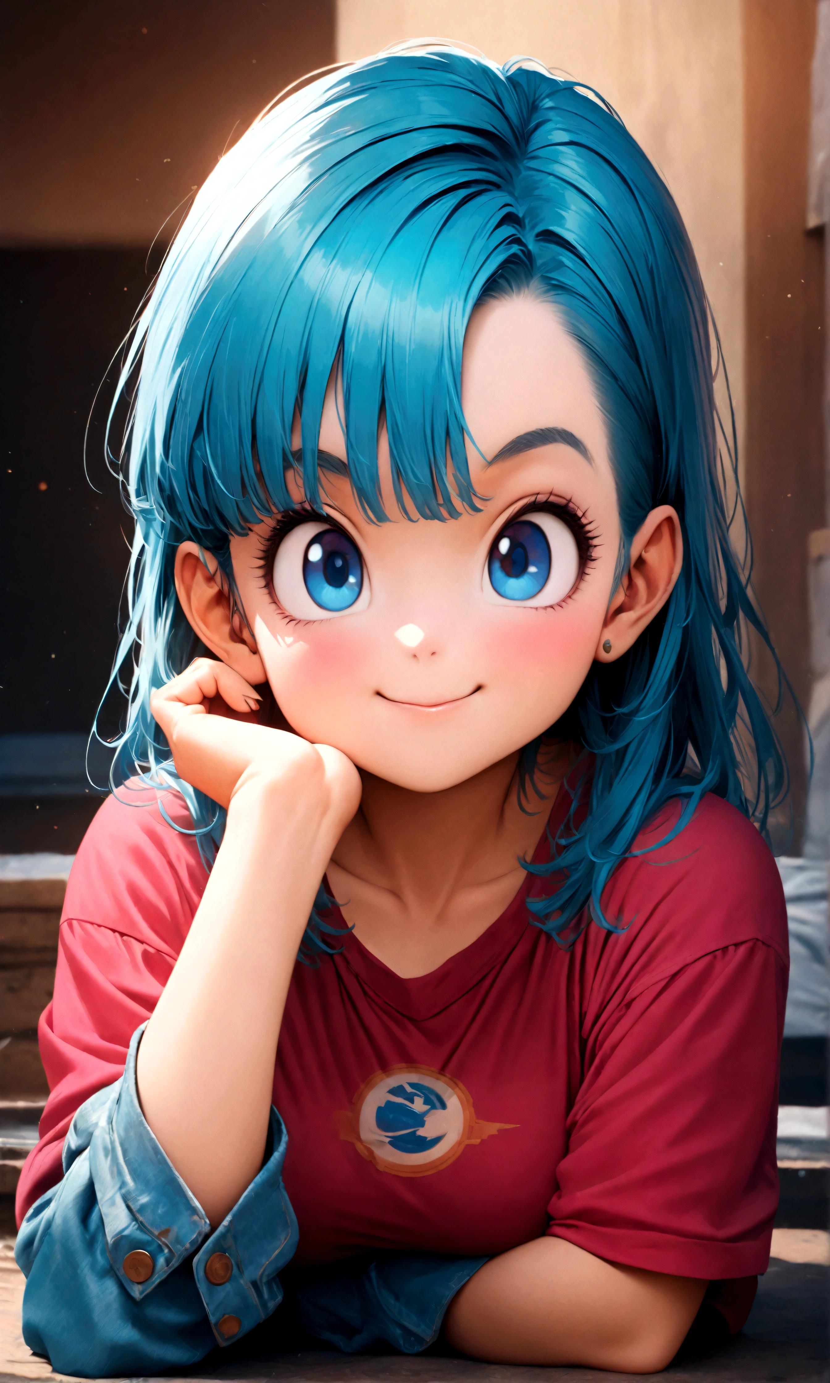 (1 female,bulma, blue eyes, blue hair),akira toriyama style,Dragon Ball,cute,,Intricate details,POP Illustration,Wide range of colors,artwork,rendering,Smiling in a relaxed pose,(masterpiece:1.3),(highest quality:1.4),(ultra detailed:1.5),High resolution,extremely detailed,unity 8k wallpaper,