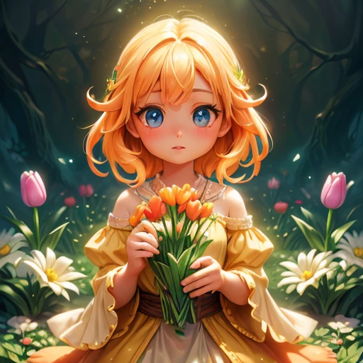 a bright and colorful portrait of a tiny girl surrounded by tall tulip flowers, (best quality,4k,8k,highres,masterpiece:1.2),ultra-detailed,(realistic,photorealistic,photo-realistic:1.37),beautiful detailed eyes,beautiful detailed lips,extremely detailed eyes and face,longeyelashes,girl in a vibrant flower garden,flowers in full bloom,vivid colors,natural lighting,warm color palette,cinematic lighting,magical realism,intricate details,whimsical,dreamlike,ethereal