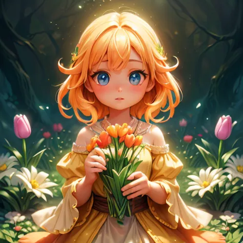 a bright and colorful portrait of a tiny girl surrounded by tall tulip flowers, (best quality,4k,8k,highres,masterpiece:1.2),ult...