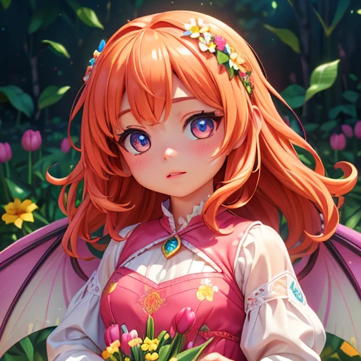 a bright and colorful portrait of a tiny girl with fairy wings surrounded by tall tulip flowers, (best quality,4k,8k,highres,masterpiece:1.2),ultra-detailed,(realistic,photorealistic,photo-realistic:1.37),beautiful detailed eyes,beautiful detailed lips,extremely detailed eyes and face,longeyelashes,girl in a vibrant flower garden,flowers in full bloom,vivid colors,natural lighting,warm color palette,cinematic lighting,magical realism,intricate details,whimsical,dreamlike,ethereal