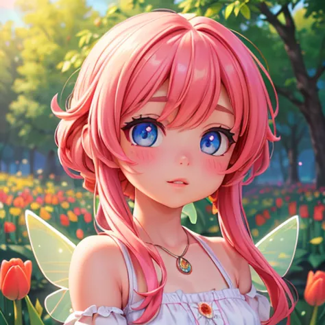 a bright and colorful portrait of a tiny girl with fairy wings surrounded by tall tulip flowers, (best quality,4k,8k,highres,mas...