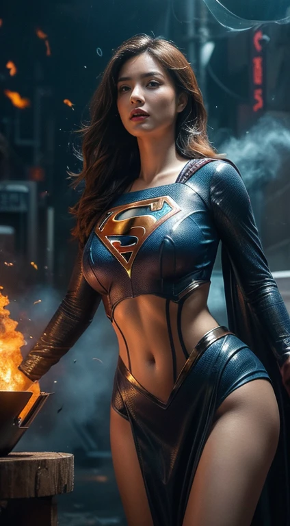 Masterpiece in the making: A superheroic single figure, donning a (((transparent net))) supergirl suit adorned with the iconic superman logo, stands in a full shot against the backdrop of a night planetscape. Her short,a close up of a woman with a long wavy fiery hair blowing in the wind, woman made of blue flames, her body made of flames, amazing digital art,flames surround her, alena aemani digital art, intricate overlay flames imagery, smoke effects, fire and smoke, stunning digital art, digital art picture, airbrush digital art,mono tone, big breasts , underboobs, framing her highly detailed face with expressive features. The ultra-high resolution image captures every line, texture, and curve of her slim body.

Beneath her, the dark scene unfolds as rain pelts down, creating a cyberpunk atmosphere with its neon-lit alleys and misty streets. The light from the neon signs illuminates her figure, adding depth and contrast to the dark scene.