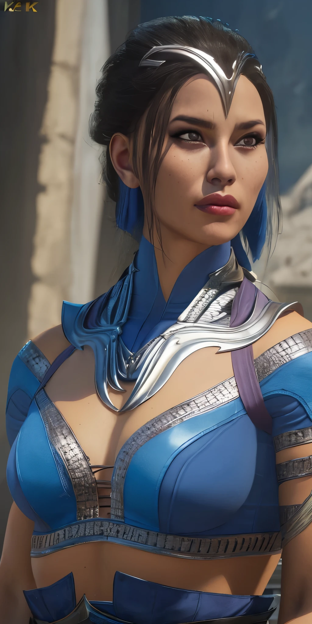 a beautiful detailed portrait of Kitana from Mortal Kombat 1, extremely detailed eyes and face, beautiful detailed lips, longeyelashes, elegant warrior woman, armor, blue clothes, blue energy effects, cinematic lighting, highly detailed, intricate textures, photorealistic, 8k, (best quality,4k,8k,highres,masterpiece:1.2),ultra-detailed,(realistic,photorealistic,photo-realistic:1.37),vibrant colors, dramatic lighting