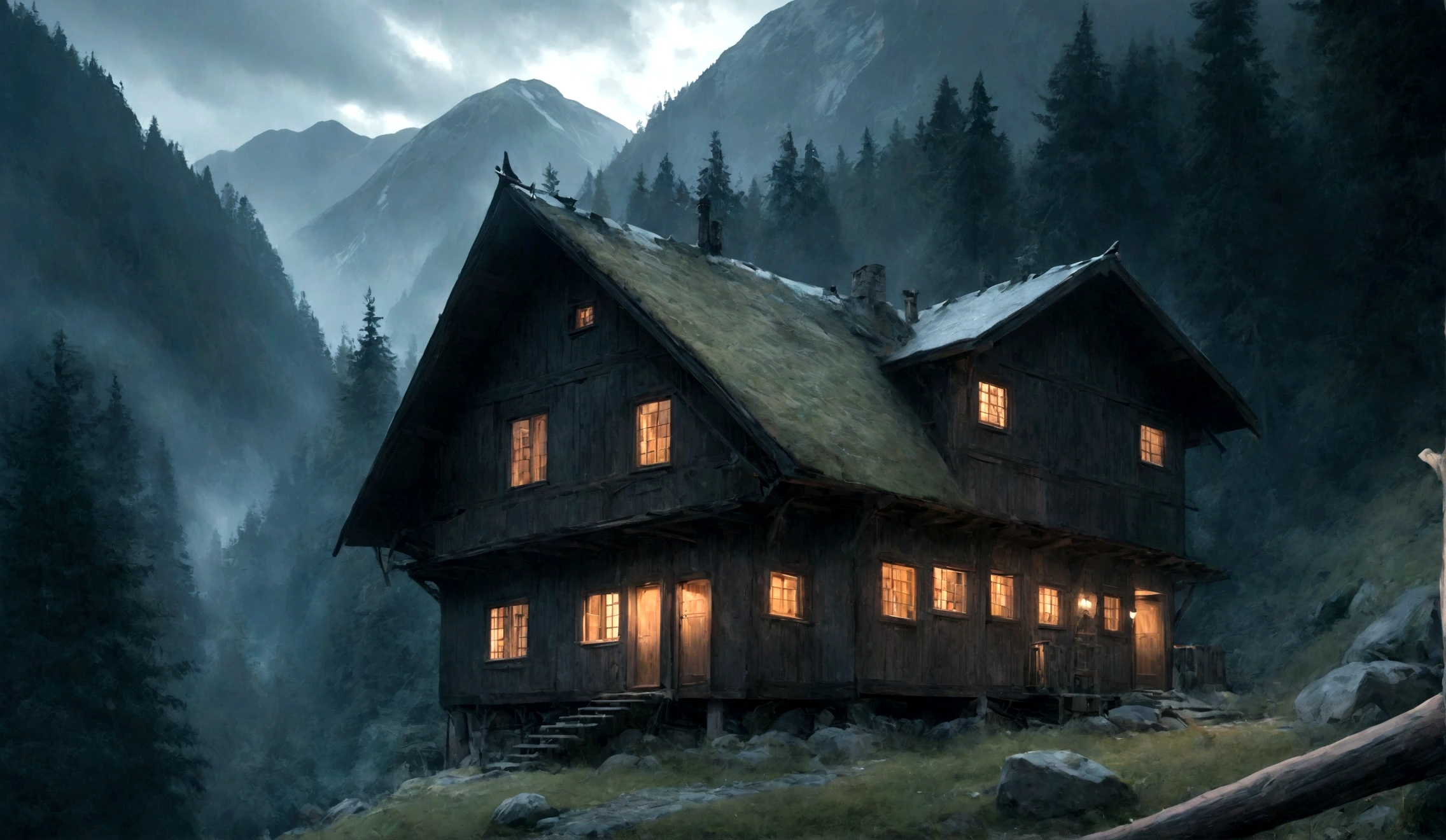 Una casa de madera en una montaña fantasmal con bosques oscuros