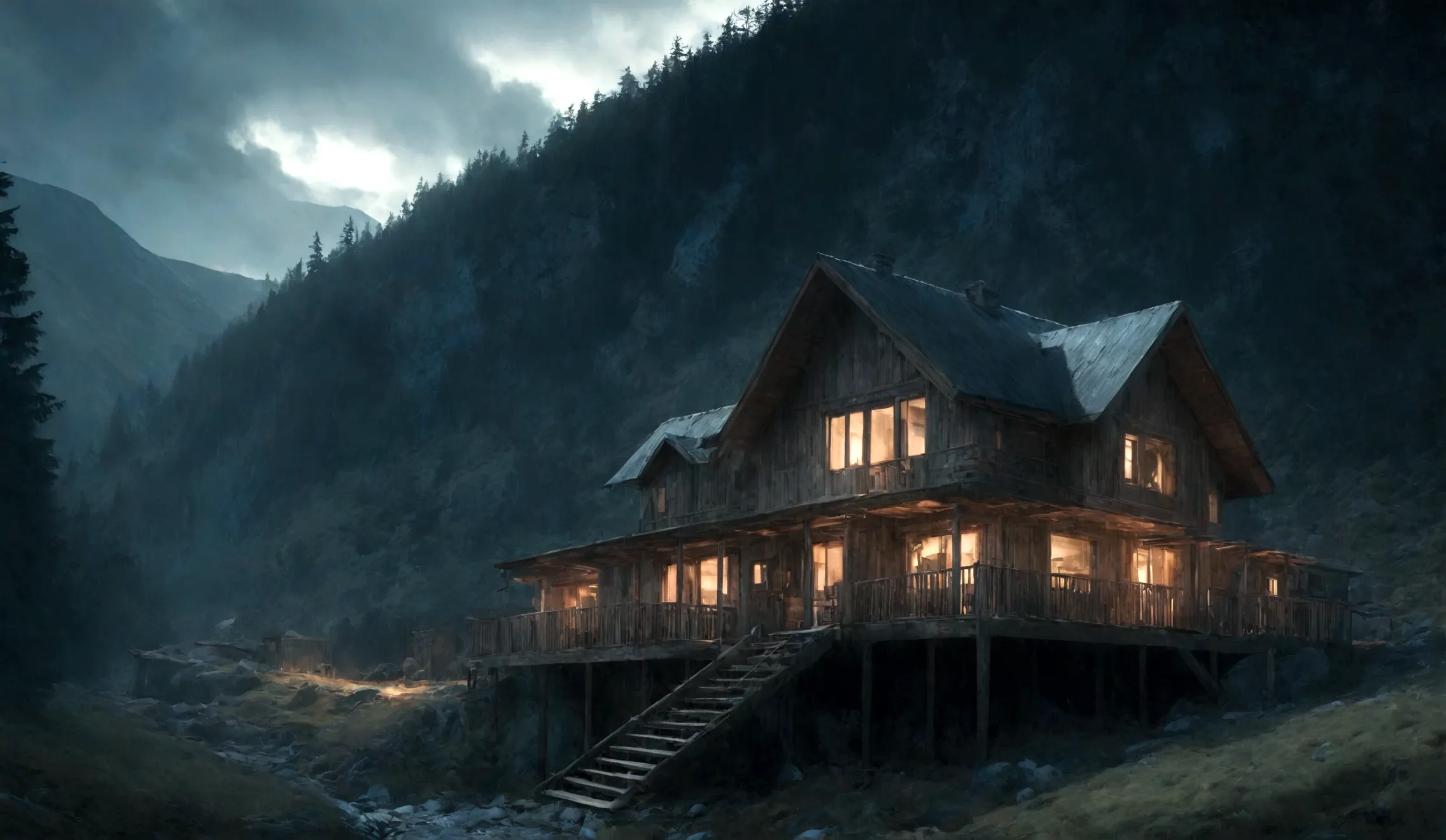 An wooden house in a eeire montain with dark woods