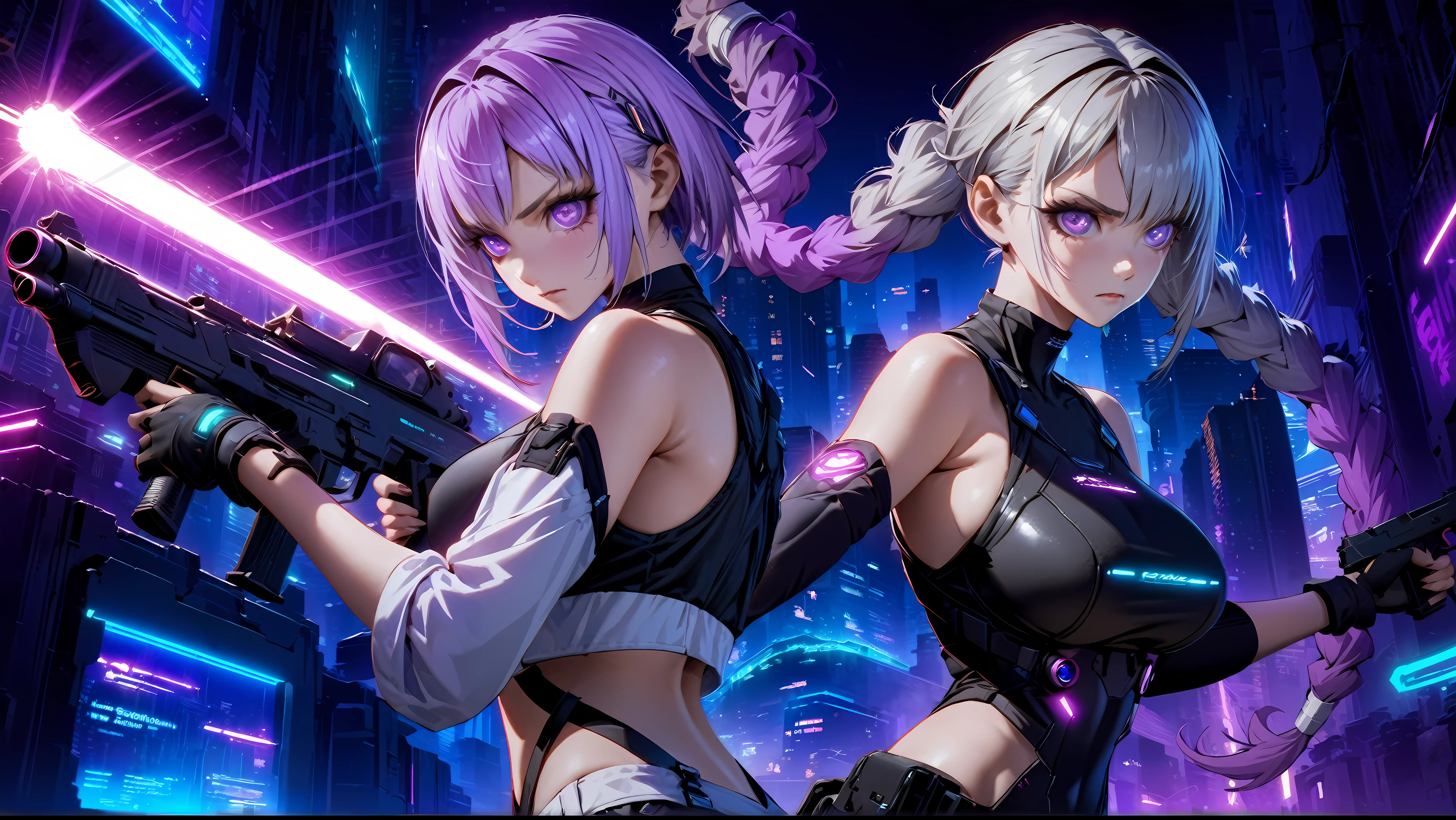 (((Official Art, Unity 8k wallpaper, super detailed, beautiful, beautiful, masterpiece, best quality))), 2 girls, fighting stance, (One of the girls had Short silver hair, black top, Neon Art, cyber punk, arms, Pistol, Rocket Launcher, missile), (The other girl had long purple and white gradation double ponytail twists, bare shoulders, white corset,)，(purple and white gradation color hair:1.1), background is a cyberpunk city