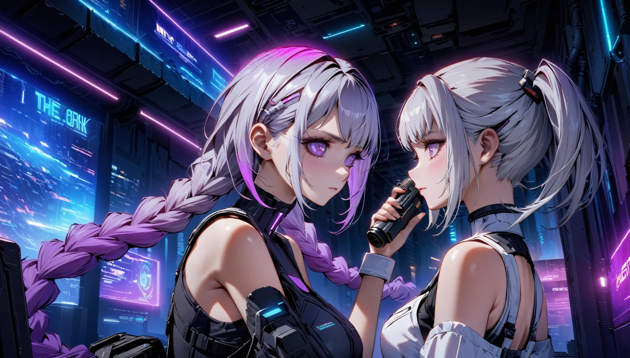 (((Official Art, Unity 8k wallpaper, super detailed, beautiful, beautiful, masterpiece, best quality))), 2 girls, look at each other., (One of the girls had Short silver hair, black top, Neon Art, cyber punk, arms, Pistol, Rocket Launcher, missile), (The other girl had long purple and white gradation double ponytail twists, bare shoulders, white corset,)，(purple and white gradation color hair:1.1), background is a cyberpunk city