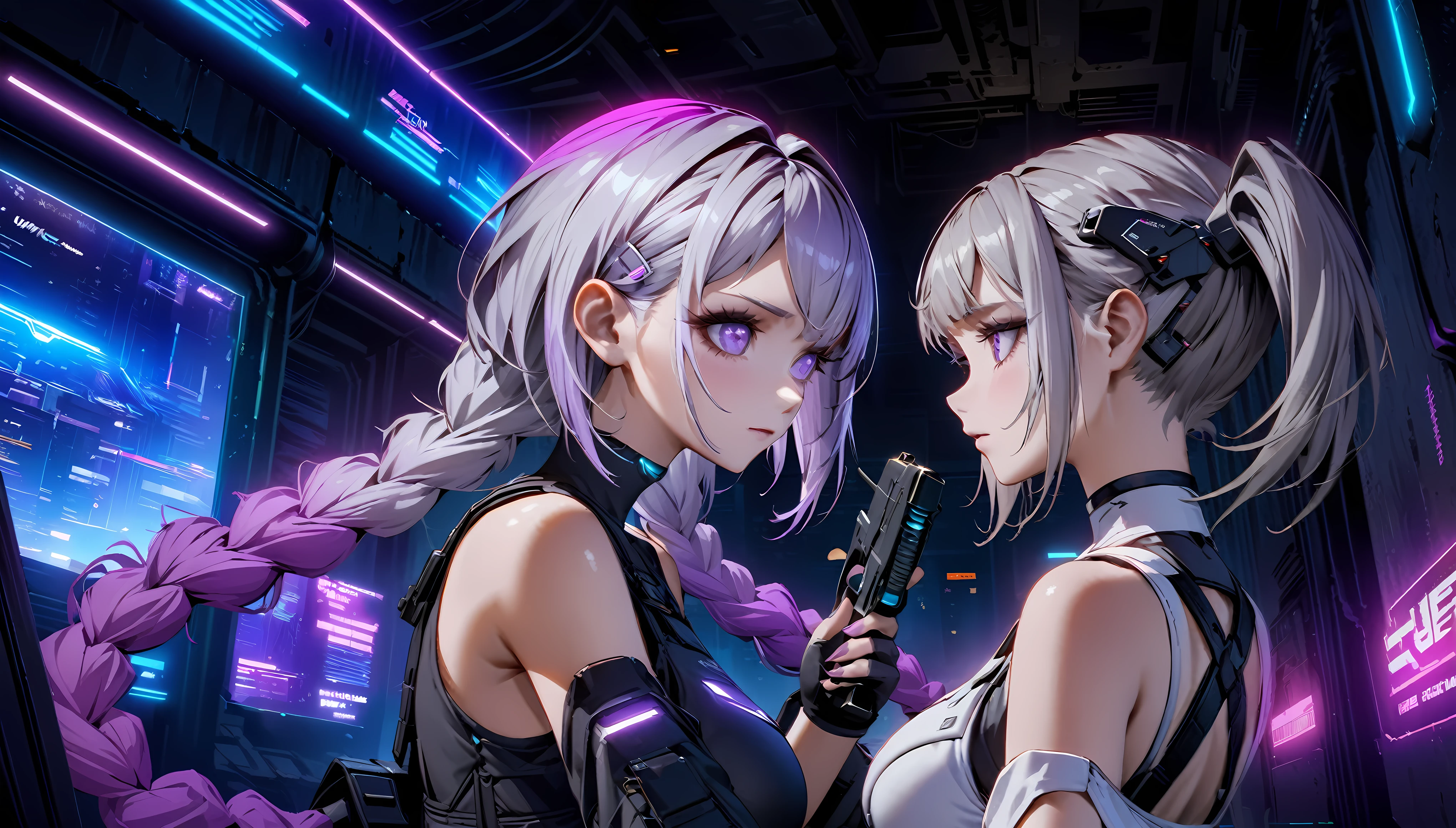 (((Official Art, Unity 8k wallpaper, super detailed, beautiful, beautiful, masterpiece, best quality))), 2 girls, look at each other., (One of the girls had Short silver hair, black top, Neon Art, cyber punk, arms, Pistol, Rocket Launcher, missile), (The other girl had long purple and white gradation double ponytail twists, bare shoulders, white corset,)，(purple and white gradation color hair:1.1), background is a cyberpunk city