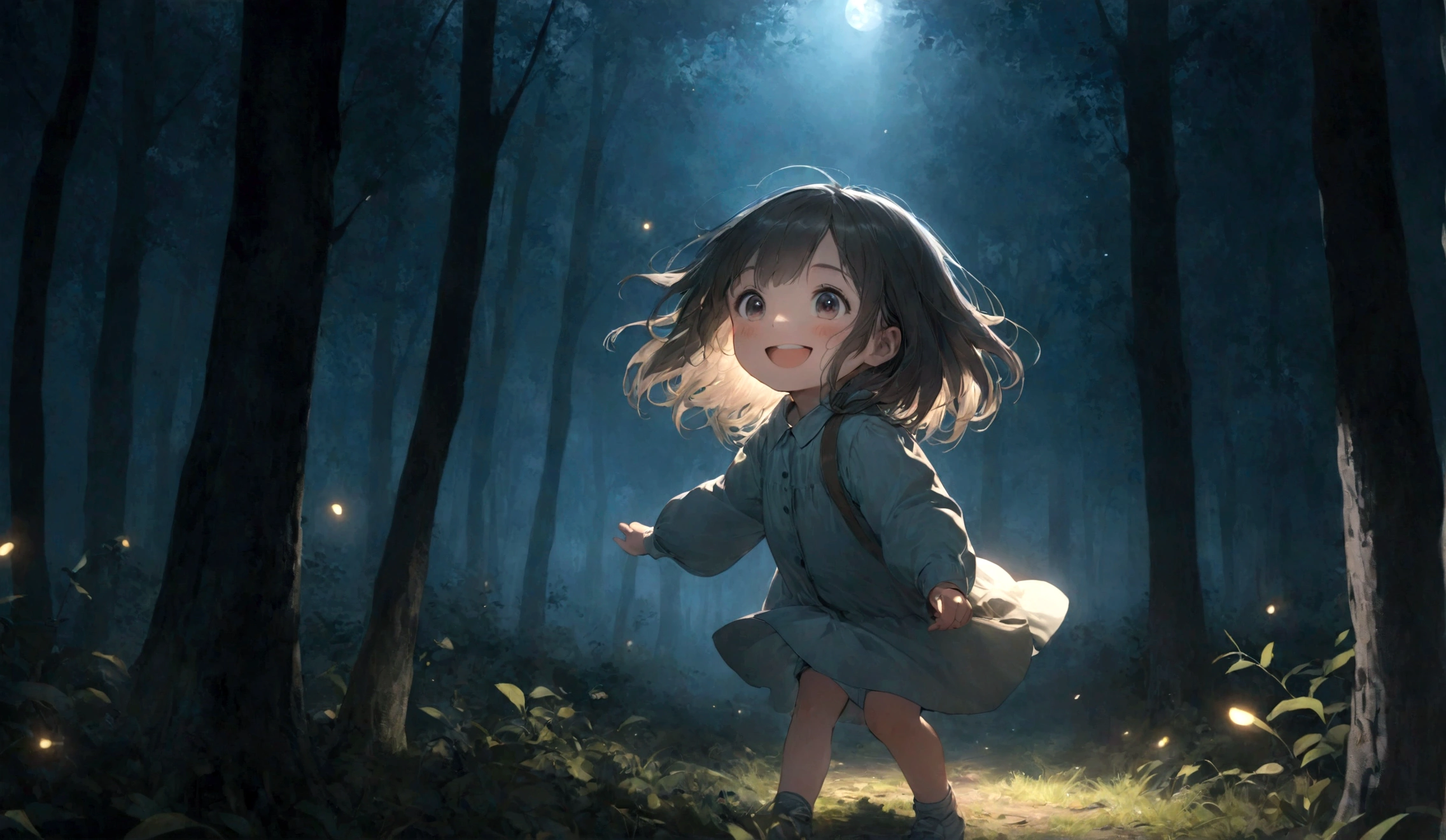 一個小女孩在黑暗的樹林裡玩耍，看起來很開心，微笑著