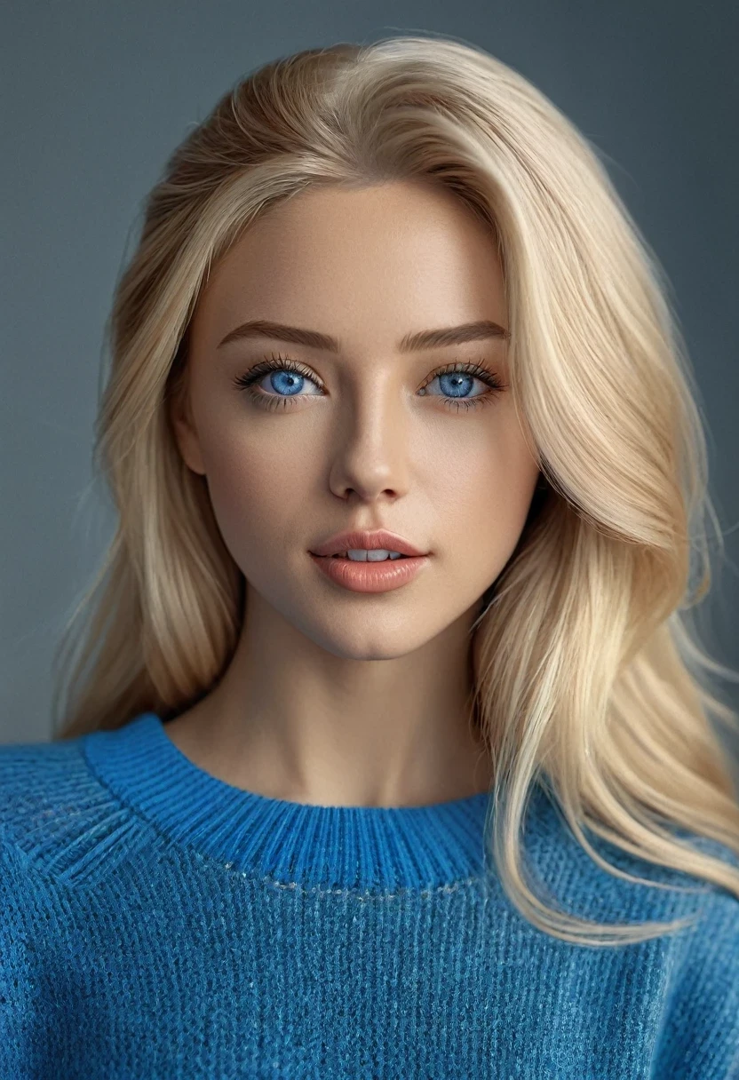 hyper realistic,,aqheodd, realistic style, a woman with a blue sweater is posing for a picture, 1girl, solo, long hair, looking at viewer, blue eyes, blonde hair, long sleeves, parted lips, teeth, sweater, lips, portrait, realistic