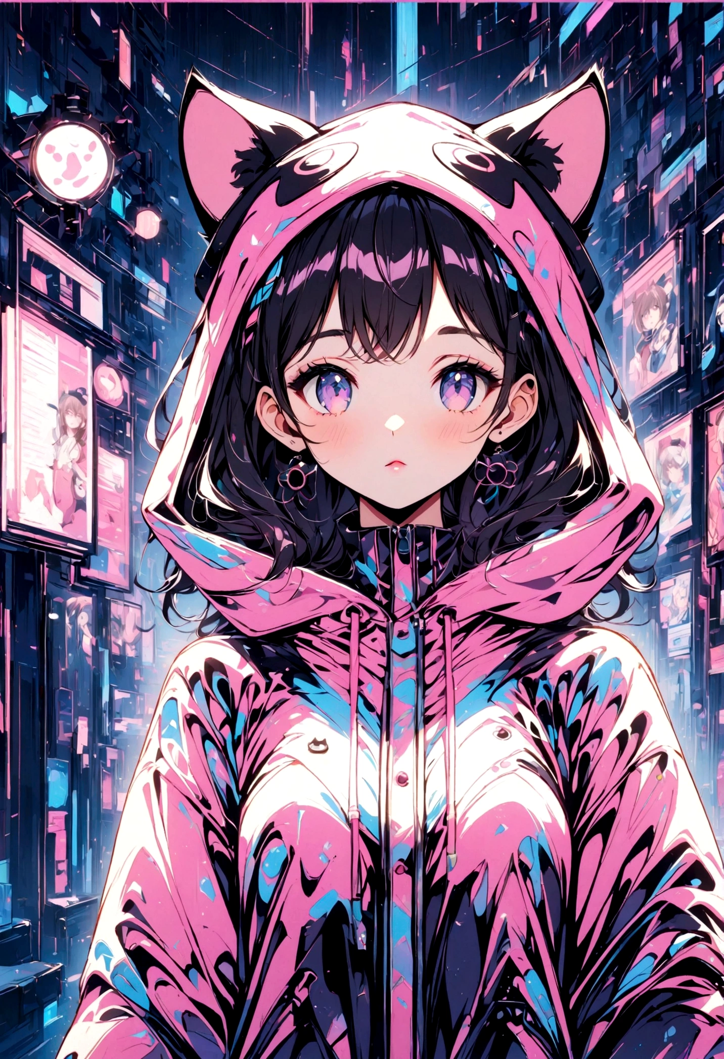 Anime girl with black hair and cat hat, Anime-style illustrations, Moe art style, Wallpaper 8K, Digital Illustration, Beautiful cat girl, She wears a hoodie with animal ears and techno-wear technology, futuristic fashion in black and Holographic colors, There are lots of details and buttons, Cable coming out of sleeve, The background features a simple pattern of cat motifs and paw prints., Purple and Black, Black Cat's Eyes, Holographic, Holo Details
