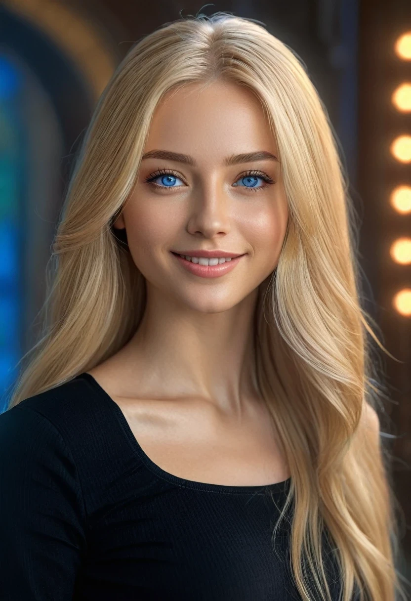 hyper realistic,,aqheodd, realistic style, a woman with long blonde hair and a black top, 1girl, solo, long hair, looking at viewer, smile, blue eyes, blonde hair, upper body, lips, realistic, sharp focus, intricate, elegant, highly detailed, very artistic, background, colorful, light, magical, thought, magic, illuminated