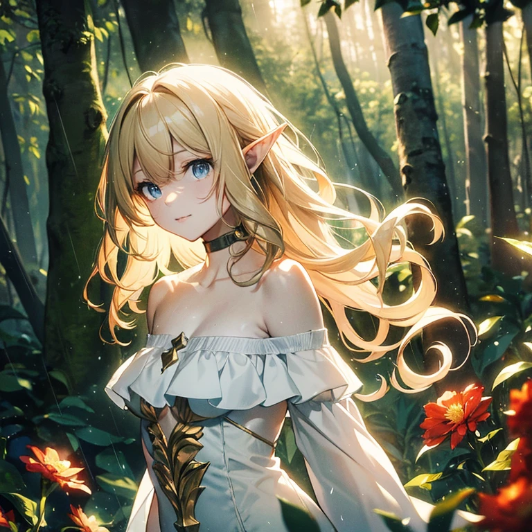 (8k), (masterpiece), (best quality), (super details), (award winning), (game illustration), (greeting face), lens flare, glowing light, woman in a noble dress standing in the woods with flower, modeling shoot, beautiful girl, elf girl, (beautiful face:0.8), slender blonde girl, pale skin curly blond hair, (off shoulder), (small breast), (light rain in background)