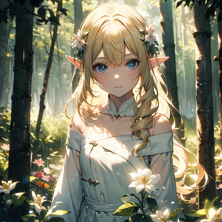 (8k), (masterpiece), (best quality), (super details), (award winning), (game illustration), (greeting face), lens flare, glowing light, woman in a noble dress standing in the woods with flower, modeling shoot, beautiful girl, elf girl, (beautiful face:0.8), slender blonde girl, pale skin curly blond hair, (off shoulder), (small breast), (light rain in background)