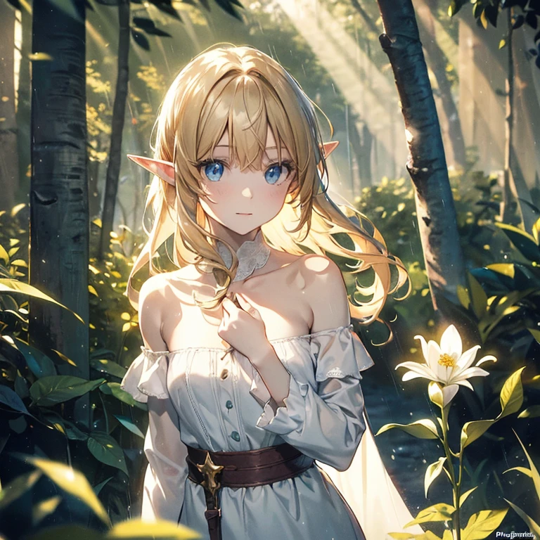 (8k), (masterpiece), (best quality), (super details), (award winning), (game illustration), (greeting face), lens flare, glowing light, woman in a noble dress standing in the woods with flower, modeling shoot, beautiful girl, elf girl, (beautiful face:0.8), slender blonde girl, pale skin curly blond hair, (off shoulder), (small breast), (light rain in background)