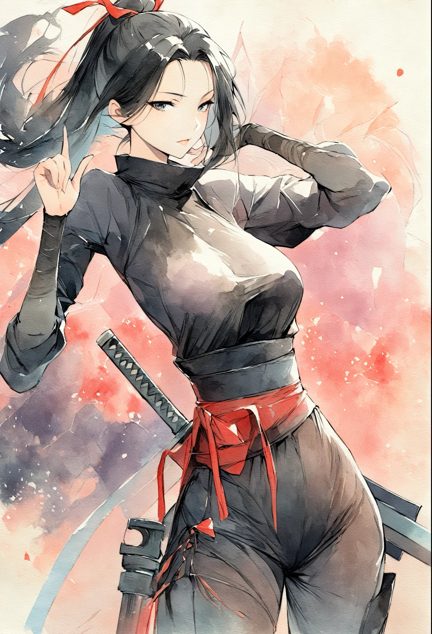 masterpiece, Best quality, Drawing of a black-haired futuristic female ninja illustration, watercolor (medium), 1girl, breast, Dressed in sophisticated modern ninja costumes，Equipped with traditional and technological weapons. She has long black hair，Tied with a red ribbon and a symbol。She must be wearing a high-end black outfit with red accents，These include letters. She was holding a sword，The hilt and scabbard have intricate patterns. The background is the Edo period, Five fingers, The index finger of the right hand points to the sky.