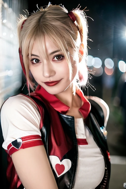 Cool little Japanese guy, very detailed, 15 years, innocent face, high resolution, Masterpiece, Highest quality, complicated details, very detailed, Sharp focus, Fine skin, 現実的な skin Texture, Texture, good eyes, professional, 4k, cute smile, Big eyes, (wearing a harley quinn1 outfit.2),sexy,full body,black short hair,Psycho expression,No light,dark,