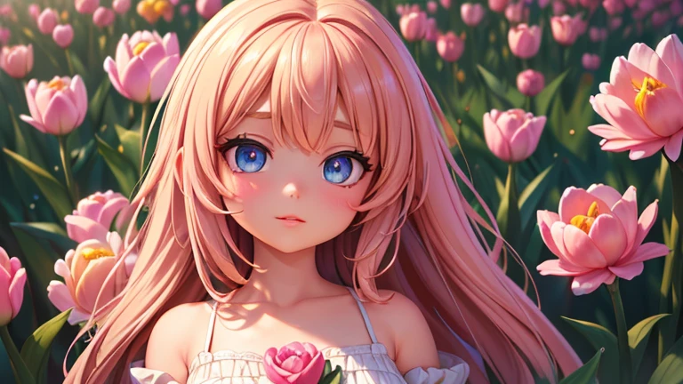 a bright and colorful portrait of a tiny girl surrounded by tall tulip flowers, (best quality,4k,8k,highres,masterpiece:1.2),ultra-detailed,(realistic,photorealistic,photo-realistic:1.37),beautiful detailed eyes,beautiful detailed lips,extremely detailed eyes and face,longeyelashes,girl in a vibrant flower garden,flowers in full bloom,vivid colors,natural lighting,warm color palette,cinematic lighting,magical realism,intricate details,whimsical,dreamlike,ethereal