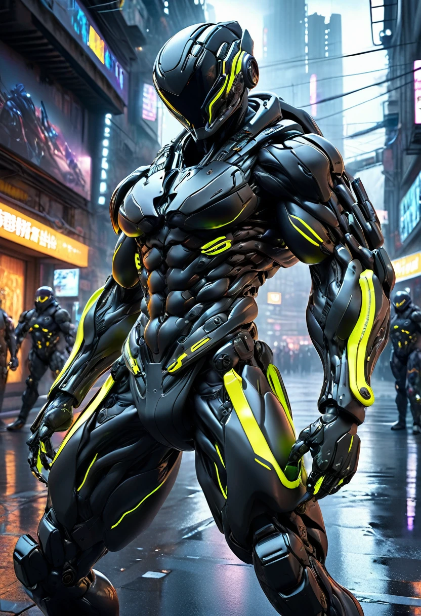 a tight black combat suit, detailed muscle definition, highly reflective, futuristic tactical gear, mechanical limbs, glowing neon accents, dynamic pose, urban cyberpunk setting, dramatic lighting, photorealistic, intricate details, (best quality,4k,8k,highres,masterpiece:1.2),ultra-detailed,(realistic,photorealistic,photo-realistic:1.37)