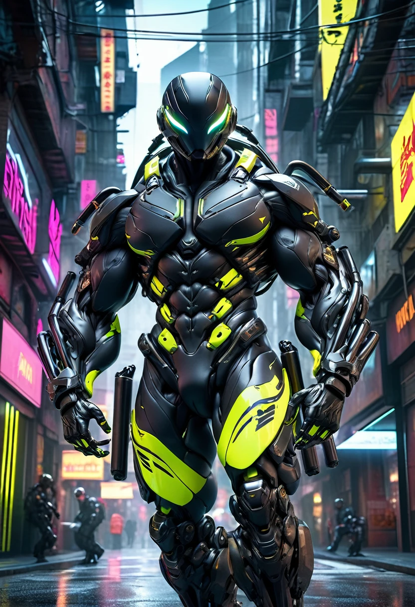 a tight black combat suit, detailed muscle definition, highly reflective, futuristic tactical gear, mechanical limbs, glowing neon accents, dynamic pose, urban cyberpunk setting, dramatic lighting, photorealistic, intricate details, (best quality,4k,8k,highres,masterpiece:1.2),ultra-detailed,(realistic,photorealistic,photo-realistic:1.37)