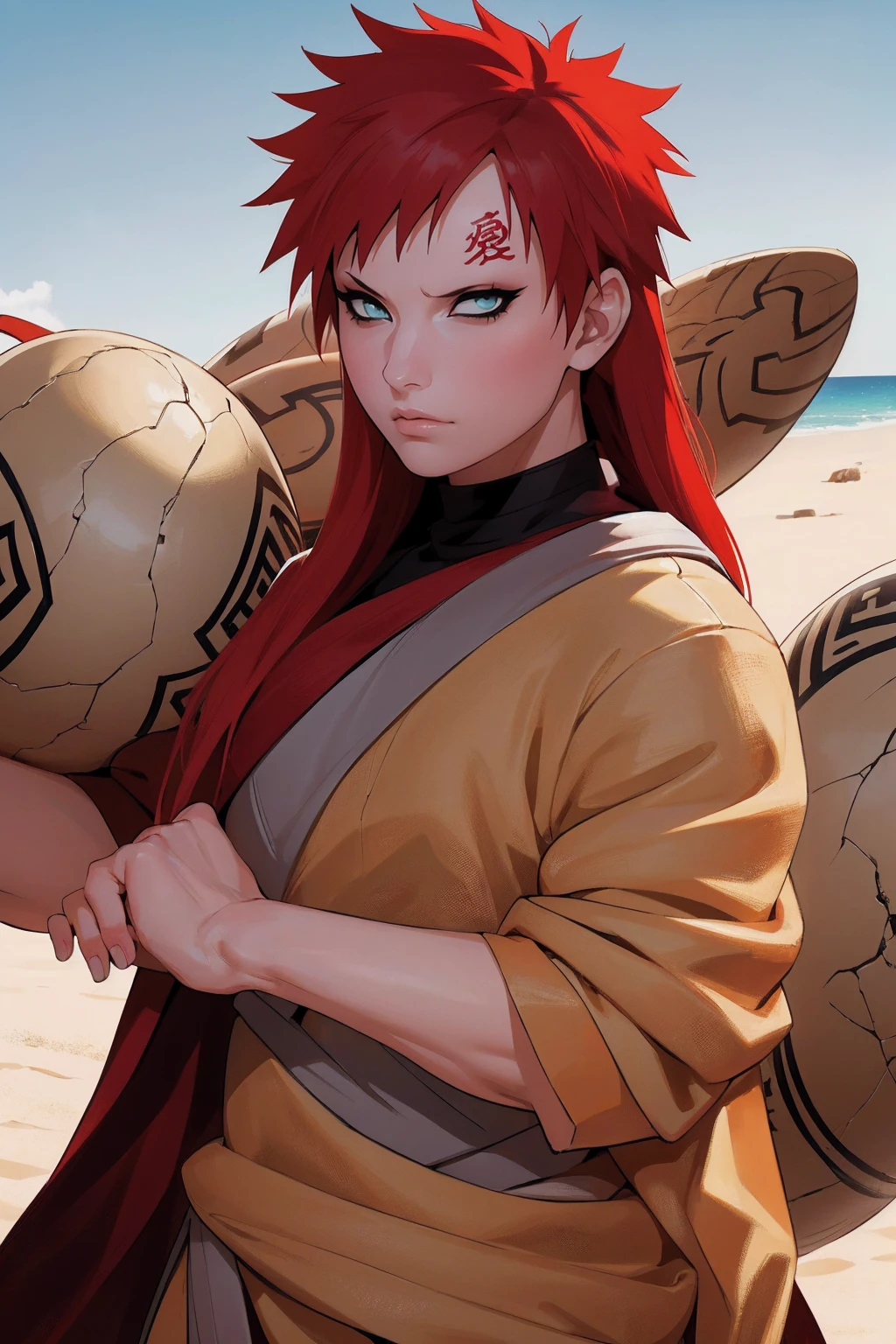 (Absurd, high quality, ultra -compared, careful with the hand) 1 woman, large breats, long red hair, gaara daughter ( Gaara/Naruto), Subaku no Gaara, sand gourd on the back, 