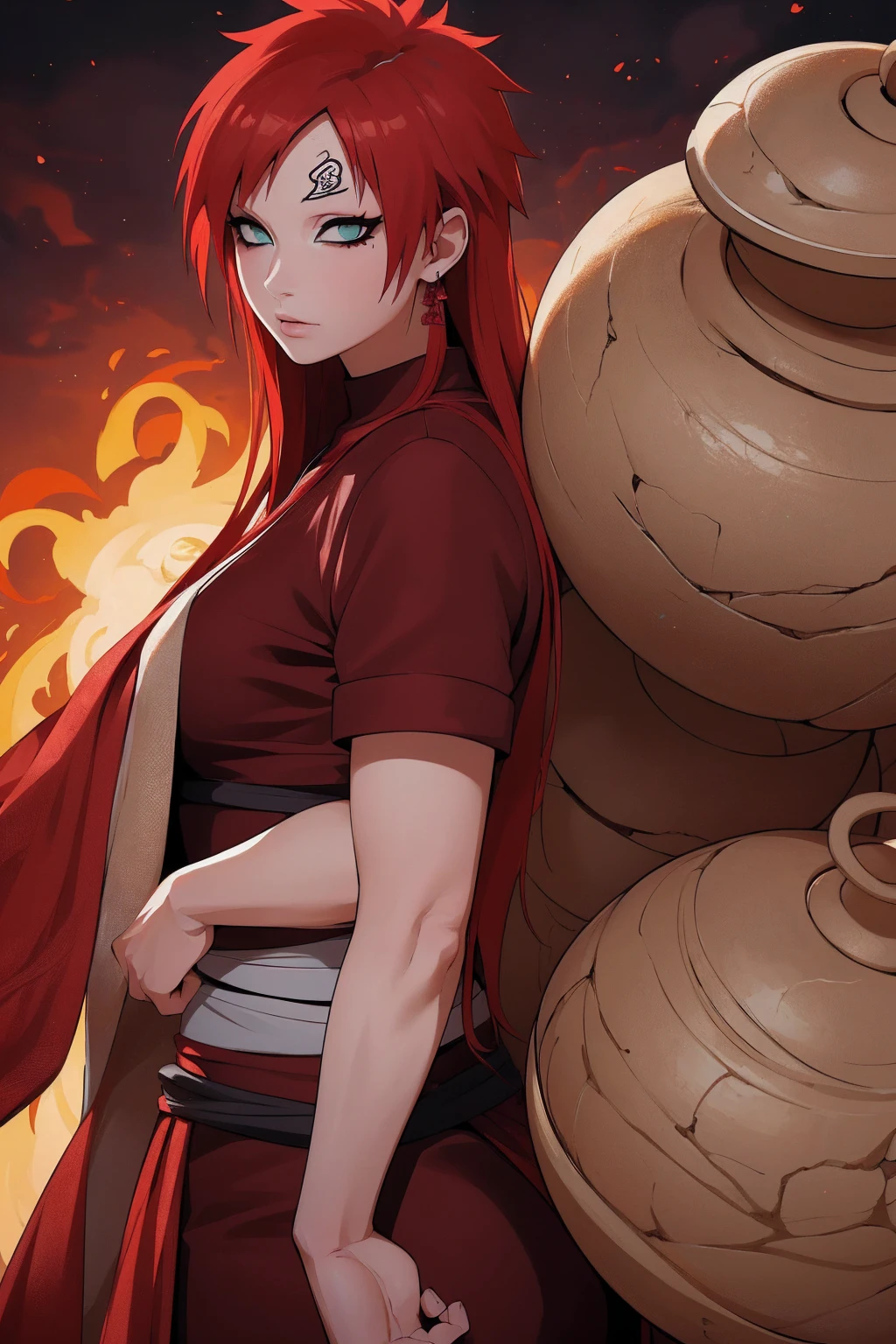 (Absurd, high quality, ultra -compared, careful with the hand) 1 woman, large breats, long red hair, gaara daughter ( Gaara/Naruto), Subaku no Gaara, sand gourd on the back,