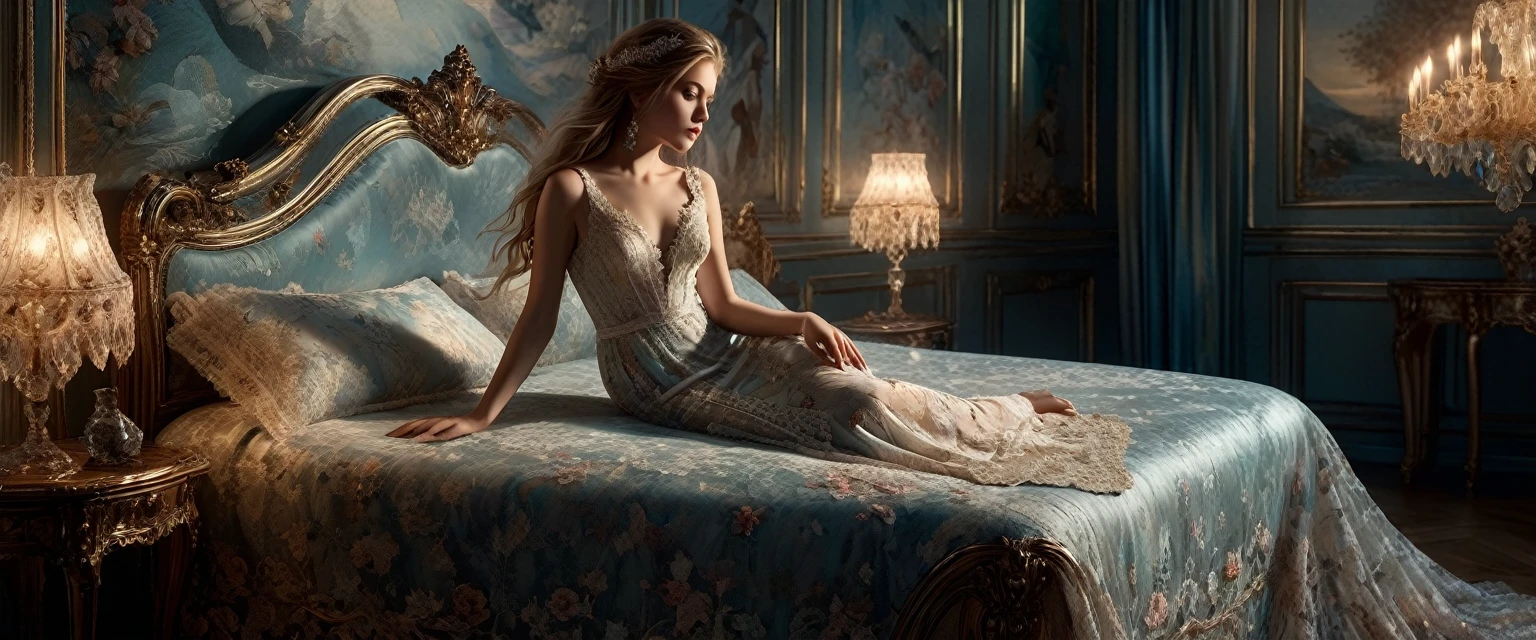 Sublime femme allongée sur un lit, she is dressed in a slit gala dress , elle dors paisiblement en faisant de doux rêves, poetic and romantic work, very detailed dress, very long hair sublime and very detailed, play of light and shadow projected onto the bed with a lace effect, (official art, 8k wallpaper, full length, ultra detailed, beautiful and aesthetic, masterpiece, best quality, realistic, extremely detailed, dynamic angle)