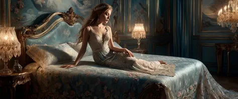 Sublime femme allongée sur un lit, she is dressed in a slit gala dress , elle dors paisiblement en faisant de doux rêves, poetic...