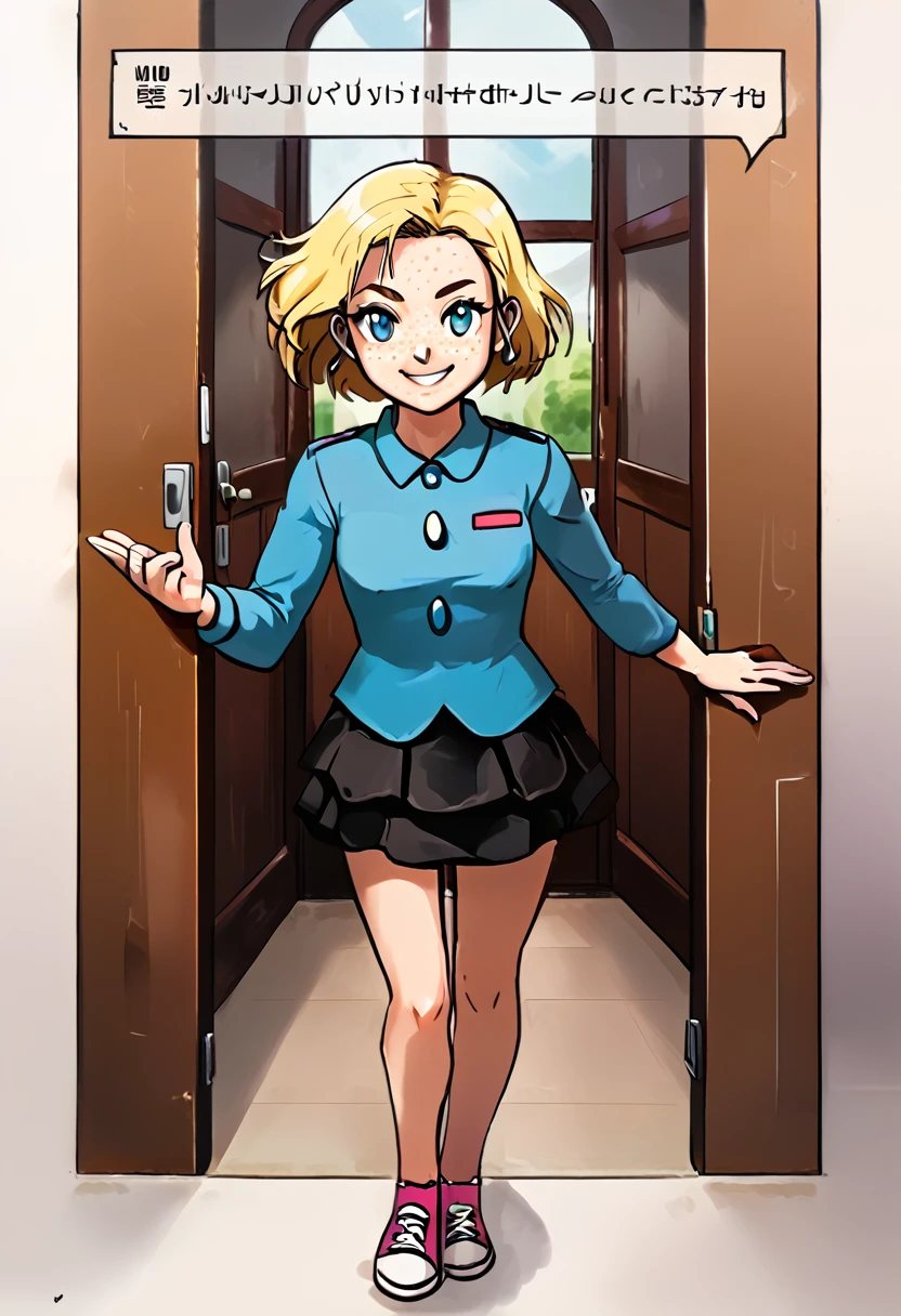 ecchi manga, no texts, Ebisushima Misato style, full color, cinematic, dramatic, dynamic view, full body, POV, HD12K, 10-year-old girl, blonde, straight bob cut hairstyle, sassy girl, light blue eyes, thin, freckles, flat, Girl Scout uniform, smiling gently at the door of a house,