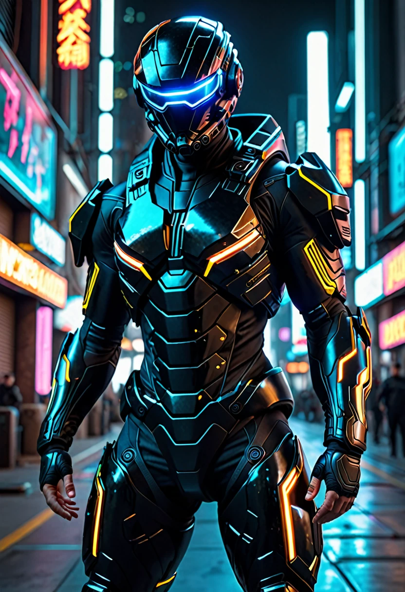 a tight black combat suit, detailed muscle definition, highly reflective, futuristic tactical gear, mechanical limbs, glowing neon accents, dynamic pose, urban cyberpunk setting, dramatic lighting, photorealistic, intricate details, (best quality,4k,8k,highres,masterpiece:1.2),ultra-detailed,(realistic,photorealistic,photo-realistic:1.37)