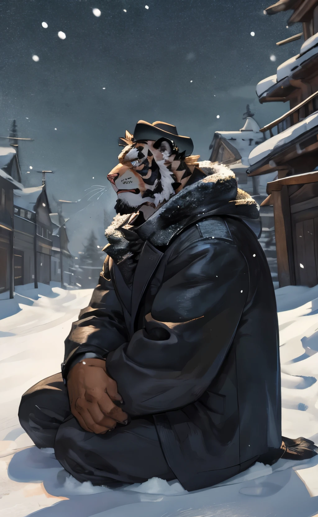 Male tiger orc，Black coat，Black brimmed hat，Sitting on the snow，Snowing day，Look up at the sky，barefoot，high quality