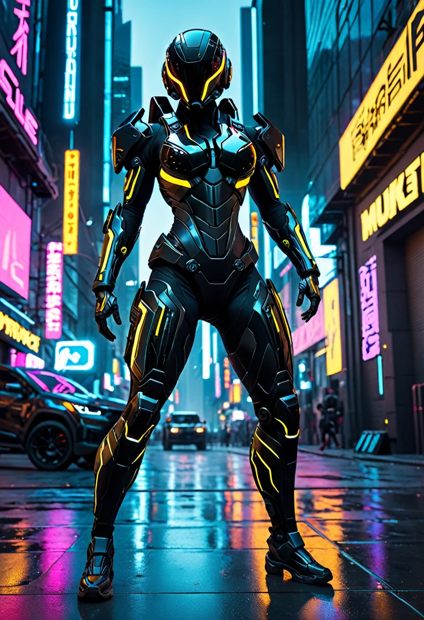 a tight black combat suit, detailed muscle definition, highly reflective, futuristic tactical gear, mechanical limbs, glowing neon accents, dynamic pose, urban cyberpunk setting, dramatic lighting, photorealistic, intricate details, (best quality,4k,8k,highres,masterpiece:1.2),ultra-detailed,(realistic,photorealistic,photo-realistic:1.37)