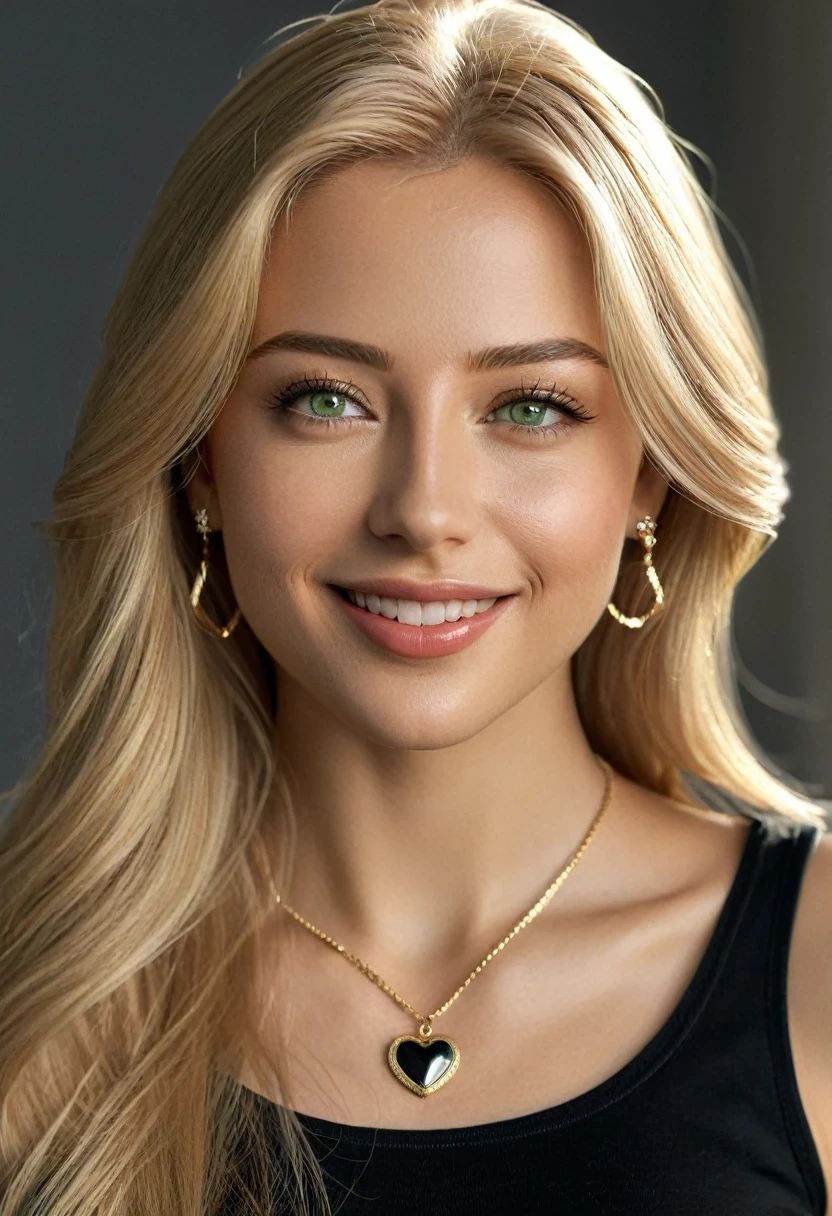 hyper realistic,,aqheodd, realistic style, a woman with long blonde hair and a black shirt, 1girl, solo, long hair, looking at viewer, smile, blonde hair, shirt, jewelry, green eyes, upper body, heart, sleeveless, necklace, lips, dutch angle, realistic, elegant, highly detailed, very delicate, cinematic, light