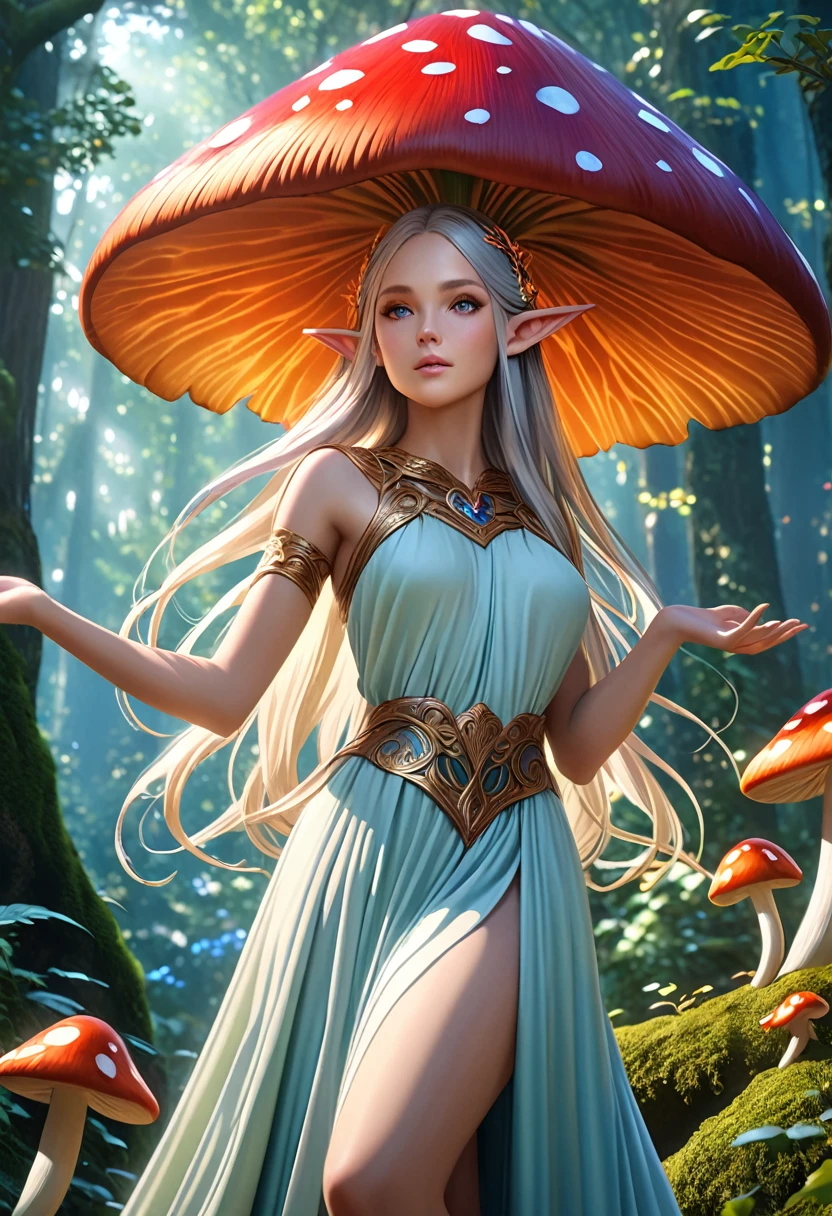 a beautiful elf girl, intricate fantasy elf character, pointed ears, elegant long hair, mystical glowing eyes, delicate facial features, ethereal skin, flowing dress, graceful pose, lush forest background, magical glowing mushrooms, fantasy landscape, cinematic lighting, detailed ornate details, vibrant colors, (best quality,4k,8k,highres,masterpiece:1.2),ultra-detailed,(realistic,photorealistic,photo-realistic:1.37)