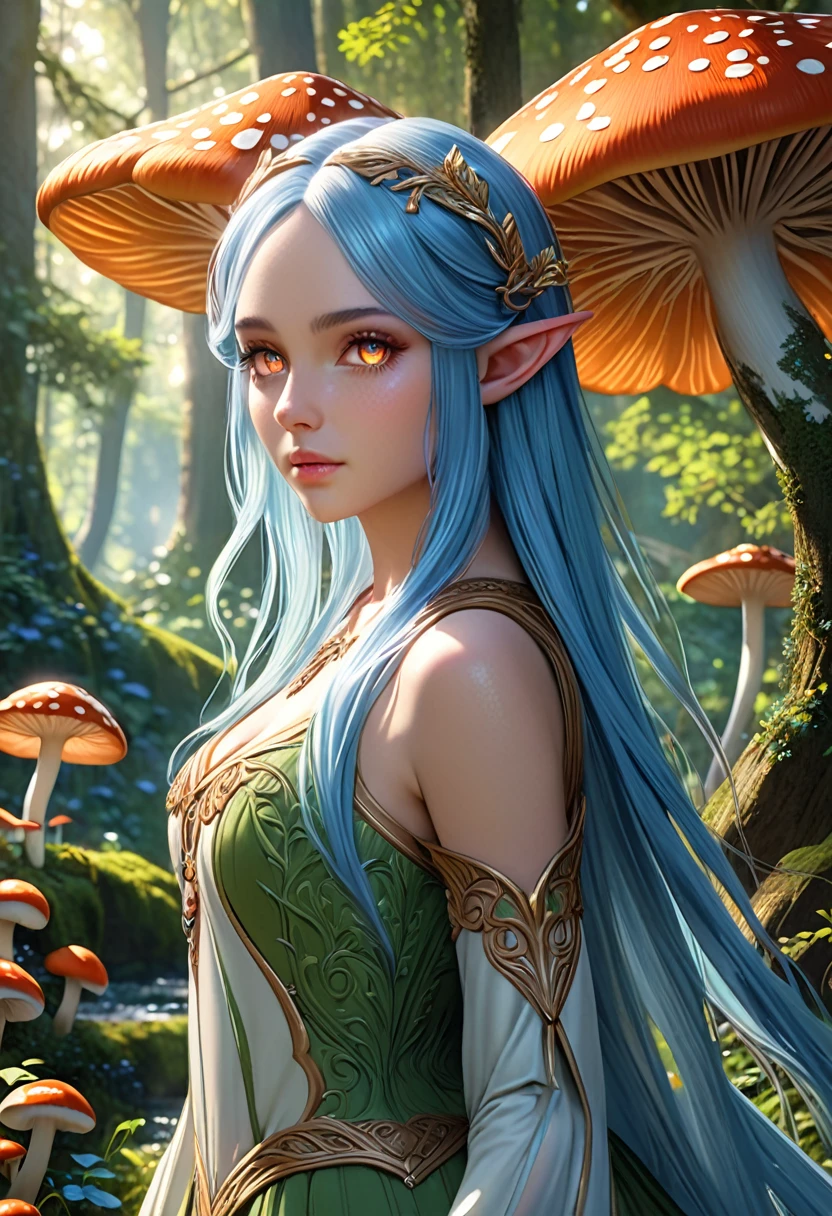 a beautiful elf girl, intricate fantasy elf character, pointed ears, elegant long hair, mystical glowing eyes, delicate facial features, ethereal skin, flowing dress, graceful pose, lush forest background, magical glowing mushrooms, fantasy landscape, cinematic lighting, detailed ornate details, vibrant colors, (best quality,4k,8k,highres,masterpiece:1.2),ultra-detailed,(realistic,photorealistic,photo-realistic:1.37)