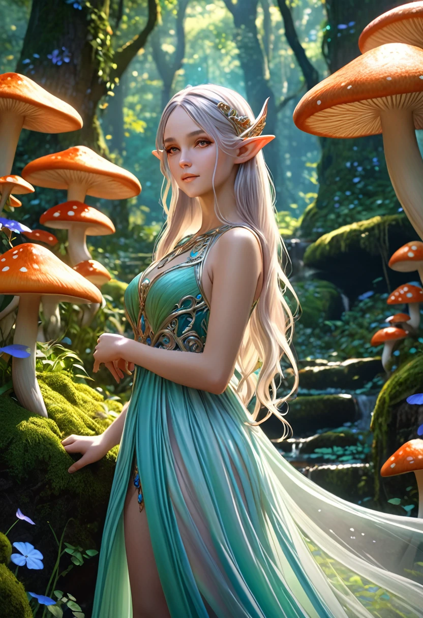 a beautiful elf girl, intricate fantasy elf character, pointed ears, elegant long hair, mystical glowing eyes, delicate facial features, ethereal skin, flowing dress, graceful pose, lush forest background, magical glowing mushrooms, fantasy landscape, cinematic lighting, detailed ornate details, vibrant colors, (best quality,4k,8k,highres,masterpiece:1.2),ultra-detailed,(realistic,photorealistic,photo-realistic:1.37)