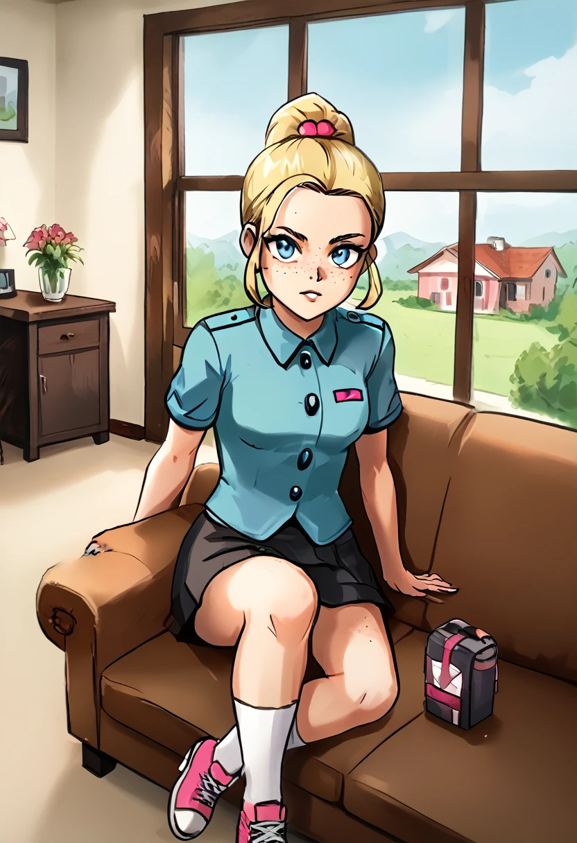 ecchi manga, no texts, Ebisushima Misato style, full color, cinematic, dramatic, dynamic view, full body, POV, HD12K, 10-year-old girl, blonde, straight bob cut hairstyle, sassy girl, light blue eyes, thin, freckles, flat, Girl Scout uniform, smiling gently at the door of a house,