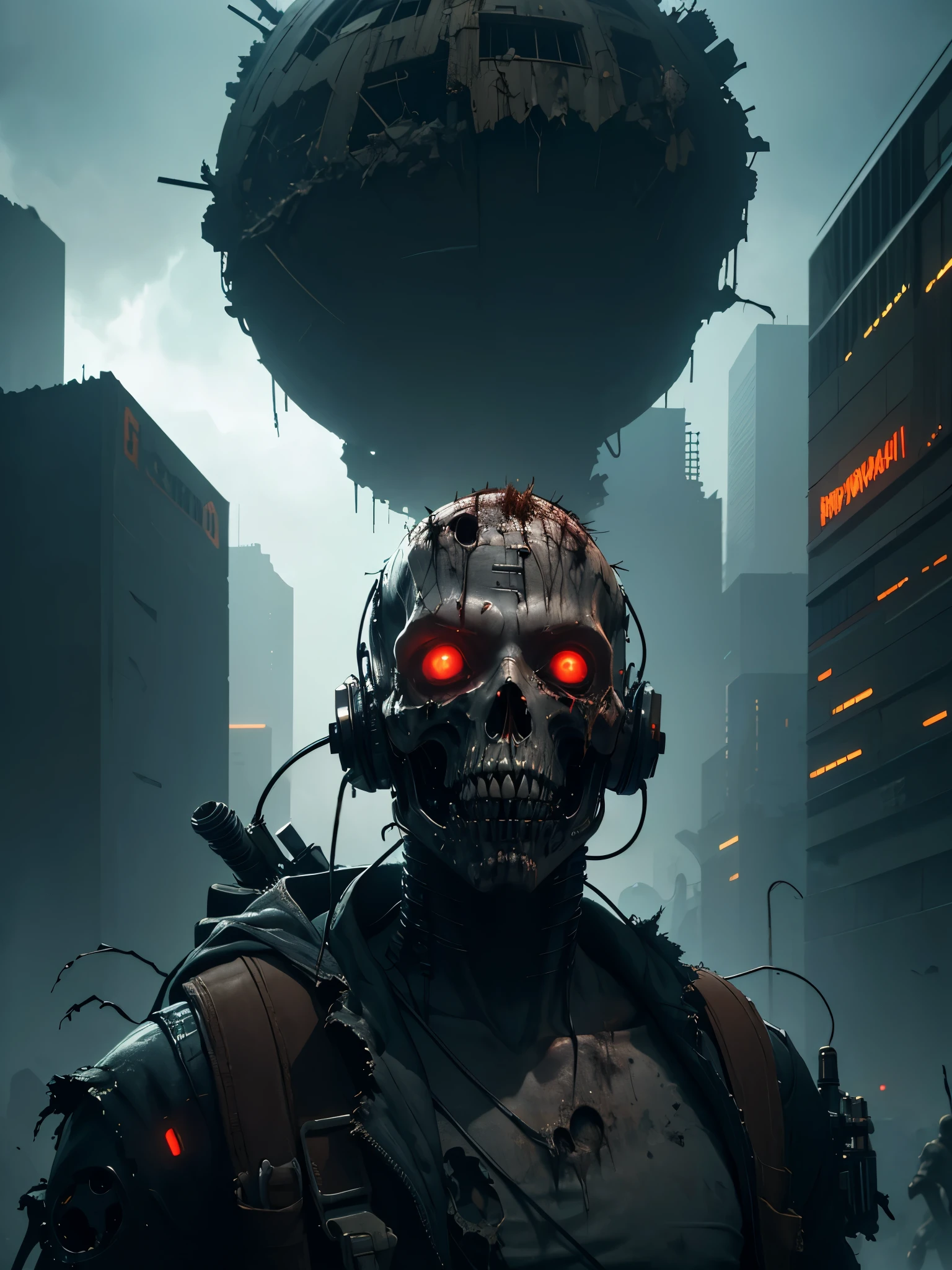 cyberpunk apocalyptic scene, destroyed city, ((decaying bodies)), mutant cyborg zombies, advanced technology, neon lights, dark moody atmosphere, cinematic dramatic lighting, gritty realistic rendering, highly detailed, masterpiece, 8k, photorealistic