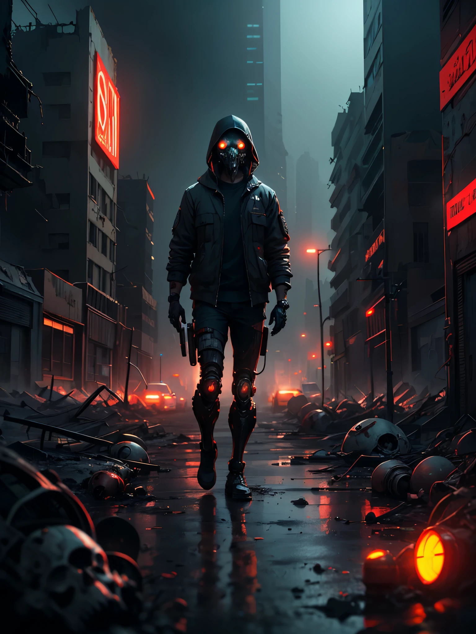 cyberpunk apocalyptic scene, destroyed city, ((decaying bodies)), mutant cyborg zombies, advanced technology, neon lights, dark moody atmosphere, cinematic dramatic lighting, gritty realistic rendering, highly detailed, masterpiece, 8k, photorealistic