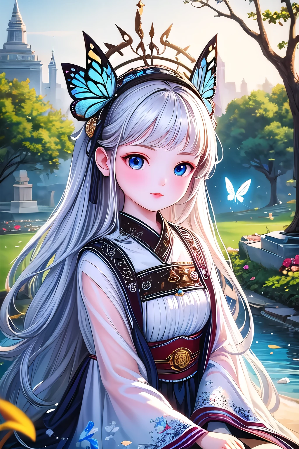 (masterpiece), (best quality), illustration, Super detailed, HDR, Depth of Field, (rich and colorful), ,,This is a masterpiece that exudes exceptional quality. The illustration is ultra-detailed, Using HDR technology to create a sense of depth. The theme is original, Beautifully, 和Beautifully艺术品, Vivid colors，Full of fantasy elements. Girl sitting on the seashore, surrounded by running water, The background is a dark blue world tree, Located in the cemetery. The tranquil and dreamy atmosphere gives the whole scene a soulful and charming temperament. Her pale complexion, Blue eyes sparkling, And silver hair dotted with flowers，It makes for a fascinating portrait. She is wearing Lolita style clothes, Poker face，Mouth tightly shut. Background ranges from white, transparent, Cycle Options, There are also translucent blue butterflies flying around，Adds vitality to the work.