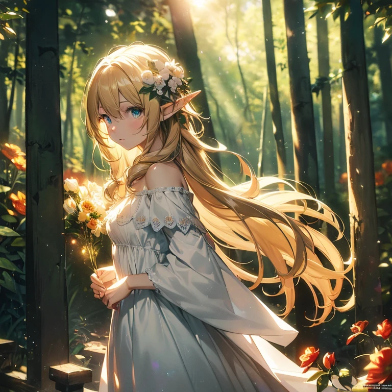 (8k), (masterpiece), (best quality), (super details), (award winning), (game illustration), (greeting face), lens flare, glowing light, woman in a noble dress standing in the woods with flower, modeling shoot, beautiful girl, elf girl, (beautiful face:0.8), slender blonde girl, pale skin curly blond hair, (off shoulder), (small breast), (light rain in background)